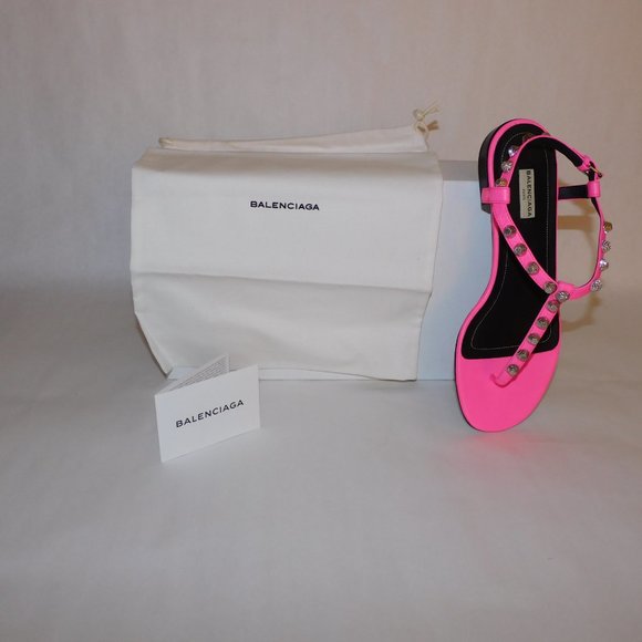 BALENCIAGA studded t-strap sandals NEON PINK - Picture 1 of 8